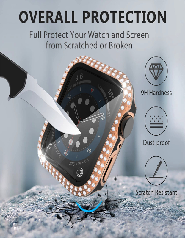 Caviar Compatible For Watch Series 7 6 5 4 44mm Two Tone Color Double Row Glitter Rhinestone Bling Crystal Diamonds Anti Shock Protective Cover With HD Tempered Glass Build in Screen